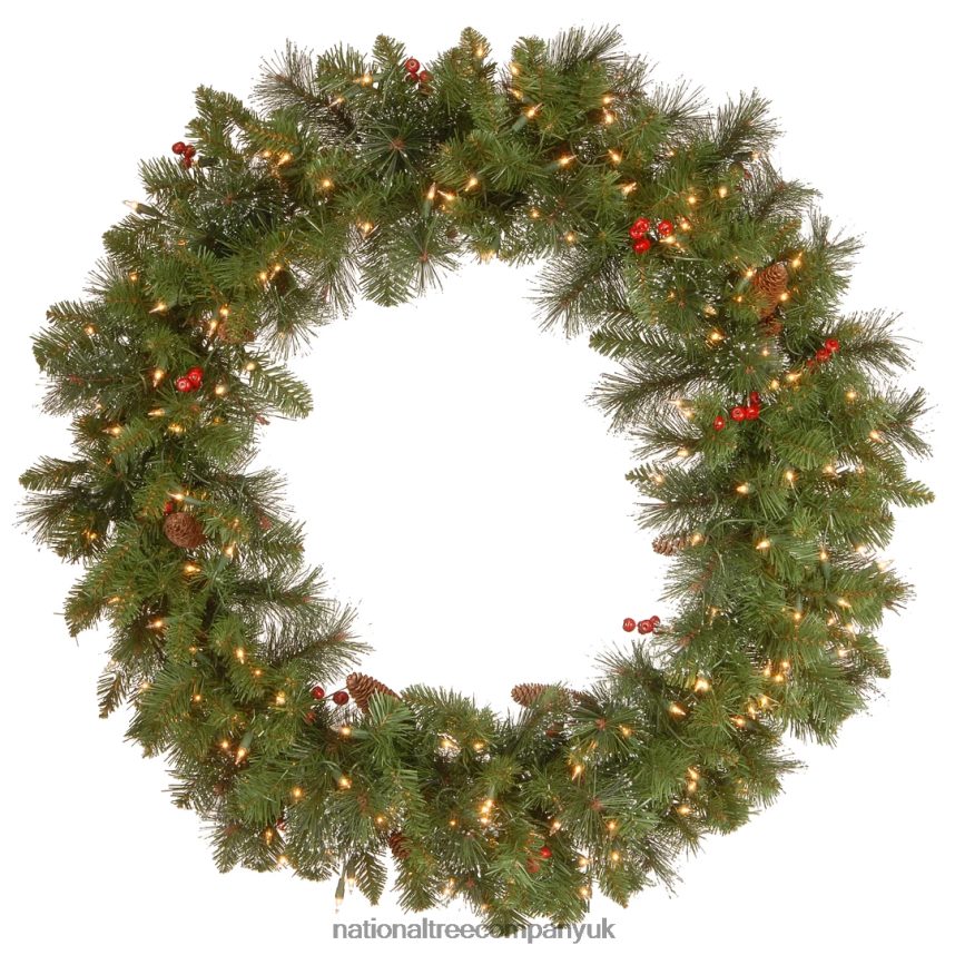 Greenery | National Tree Company Pre-Lit Artificial Christmas Wreath Green Crestwood Spruce White Lights Decorated with Pine Cones Berry Clusters Frosted Branches Christmas Collection 36 Inche